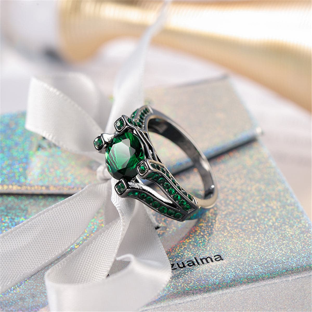 Green Crystal & Cubic Zirconia Tension Pavé Ring