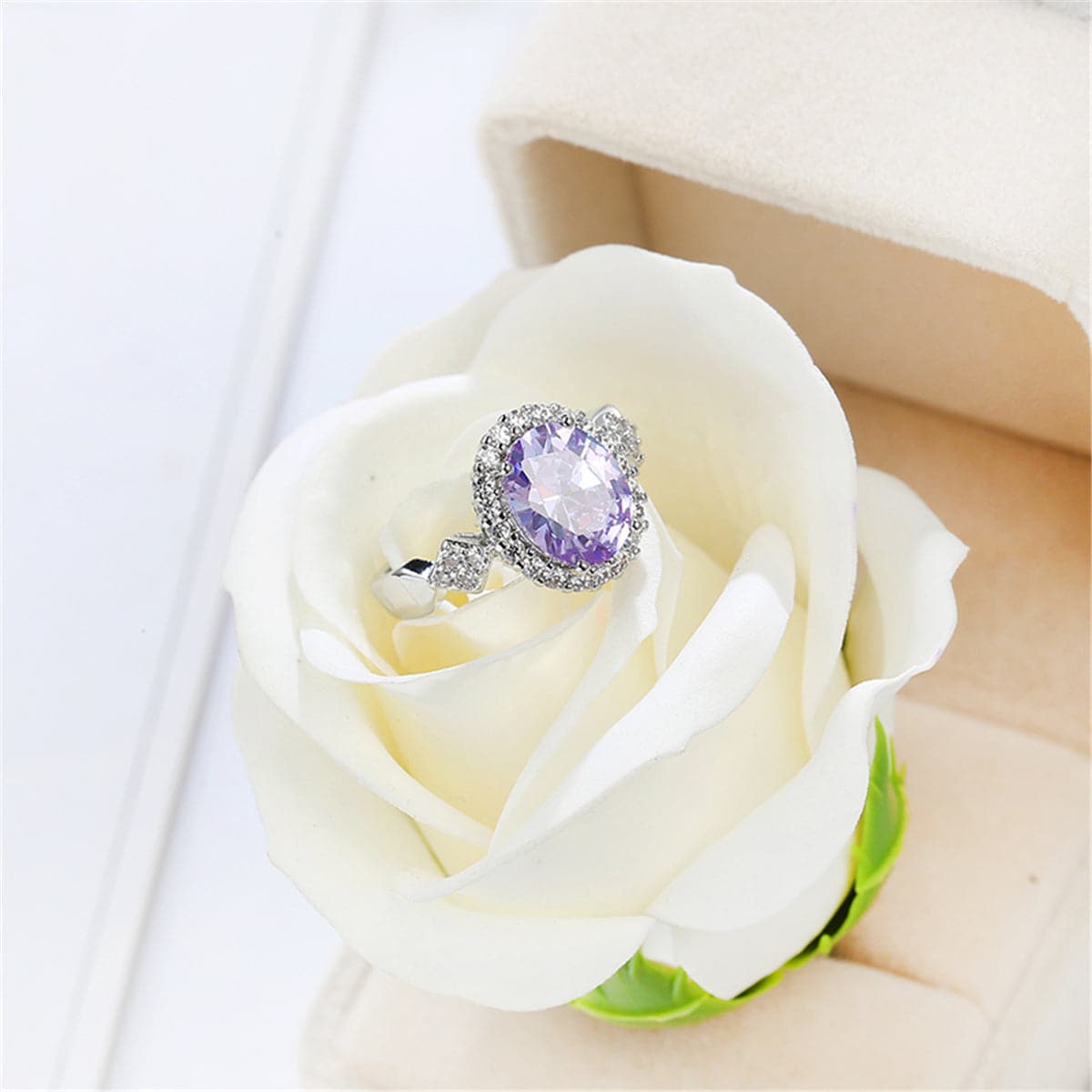 Purple Cubic Zirconia & Crystal Halo Oval Ring