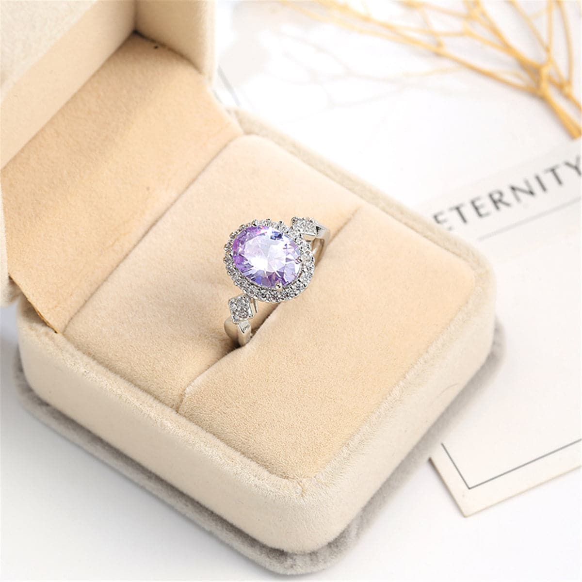 Purple Cubic Zirconia & Crystal Halo Oval Ring