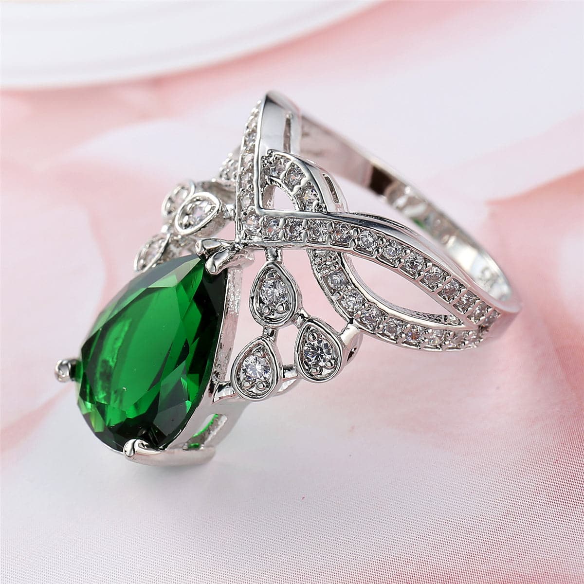 Green Crystal & Cubic Zirconia Botanical Pear-Cut Ring