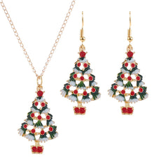 Red & 18K Gold-Plated Openwork Christmas Tree Necklace & Earrings