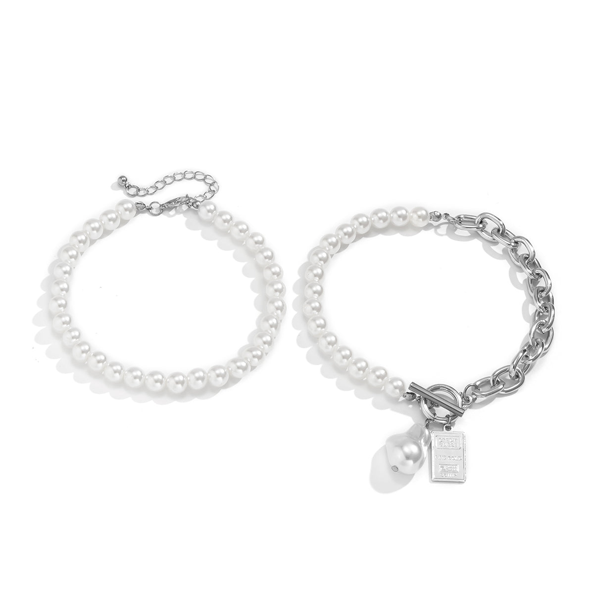 Pearl & Silver-Plated Lock Anklet Set