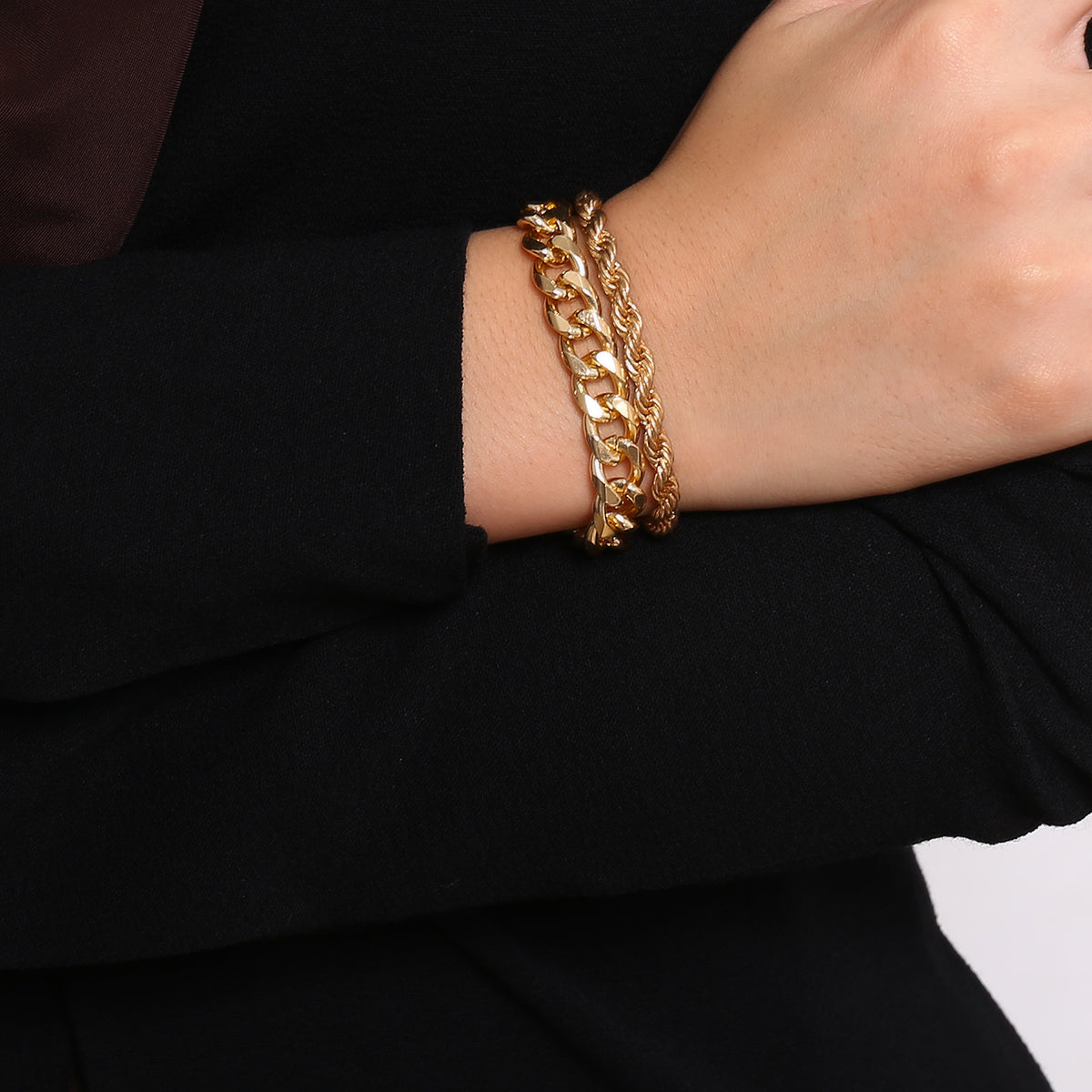 Two luxurious 18K gold-plated chain bracelets, one with a curb design and the other with a rope style, linked in harmony.