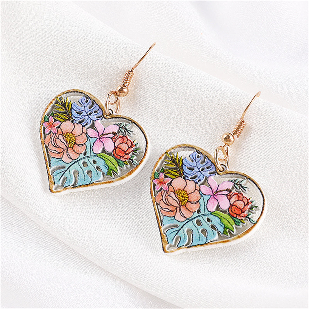 Blue Wood & 18K Gold-Plated Floral Heart Drop Earrings