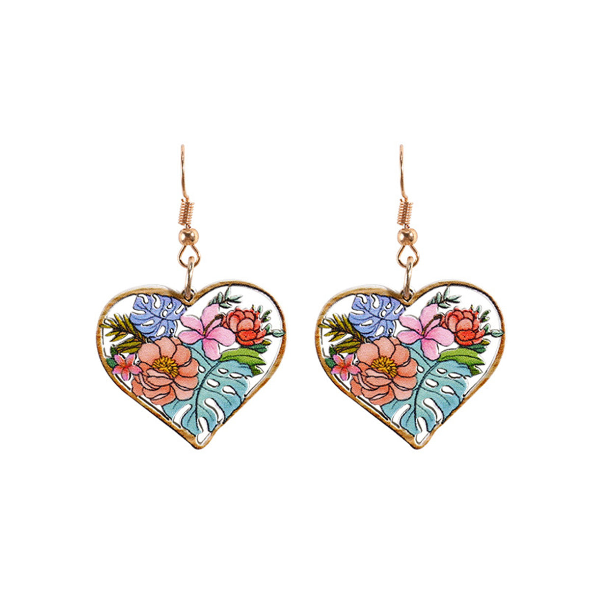 Blue Wood & 18K Gold-Plated Floral Heart Drop Earrings