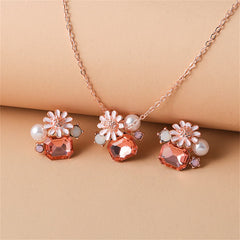 Pink Crystal & Cubic Zirconia Pearl Flower Stud Earrings Set