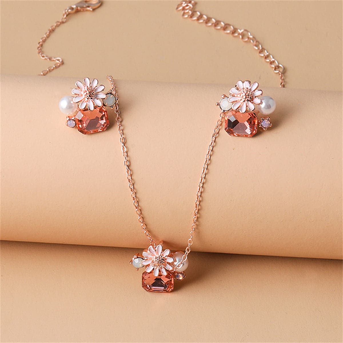 Pink Crystal & Cubic Zirconia Pearl Flower Stud Earrings Set