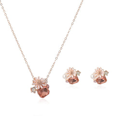 Pink Crystal & Cubic Zirconia Pearl Flower Stud Earrings Set