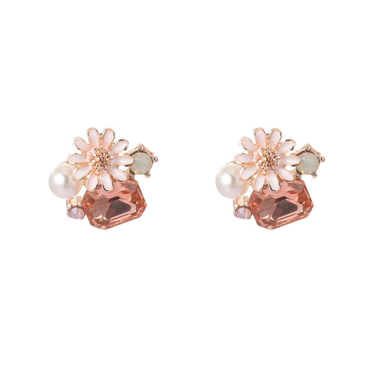 Pink Crystal & Cubic Zirconia Pearl Flower Stud Earrings Set