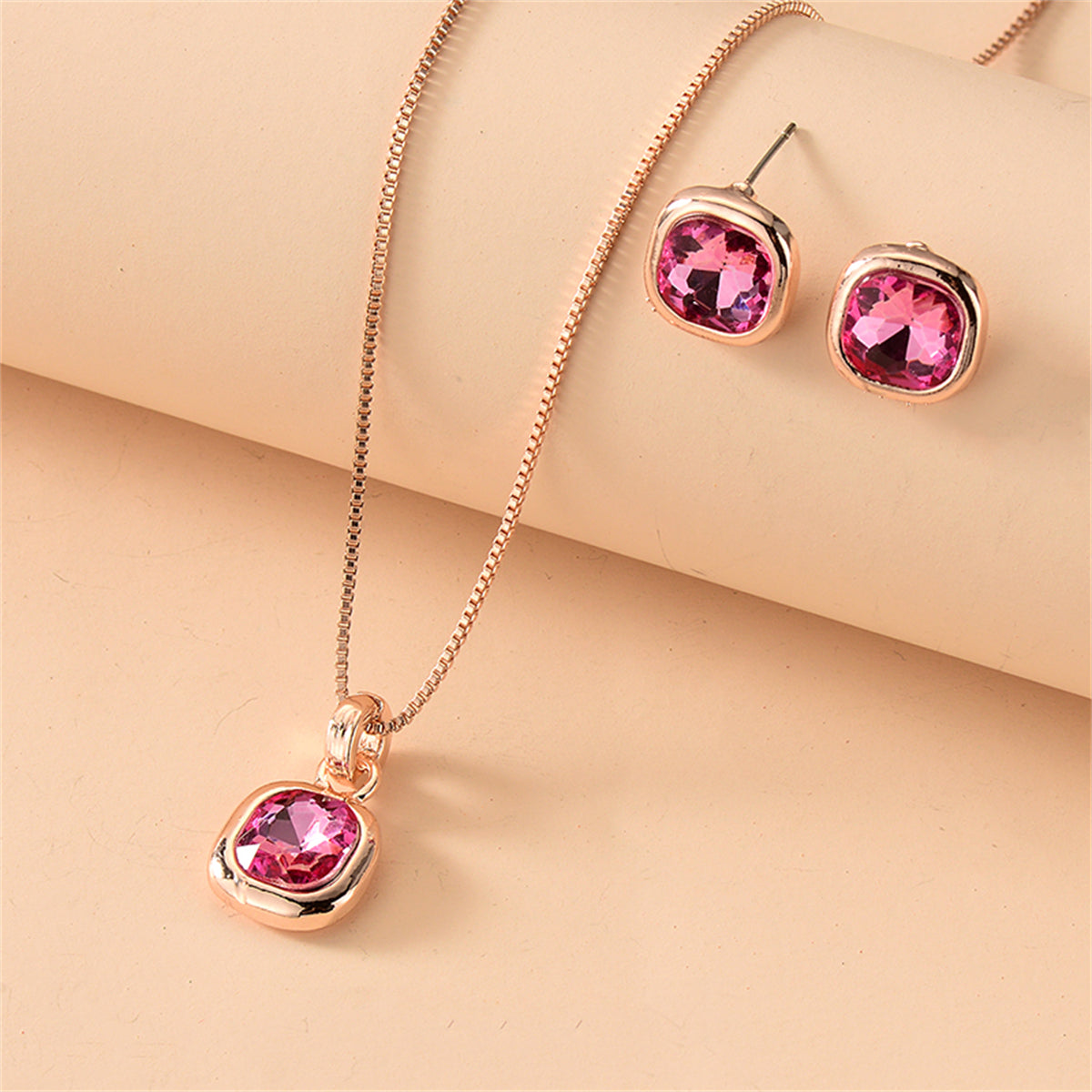 Rose Crystal & 18K Rose Gold-Plated Cushion Pendant Necklace Set