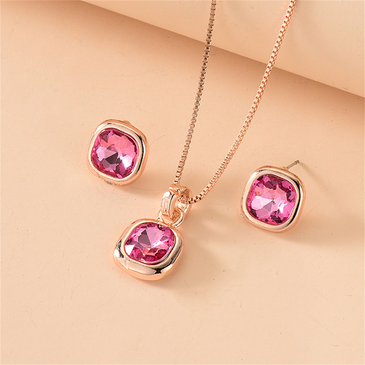 Rose Crystal & 18K Rose Gold-Plated Cushion Pendant Necklace Set