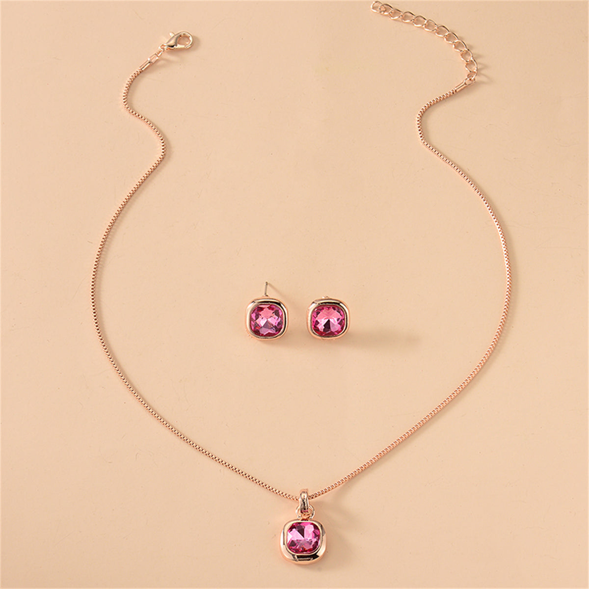 Rose Crystal & 18K Rose Gold-Plated Cushion Pendant Necklace Set