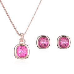 Rose Crystal & 18K Rose Gold-Plated Cushion Pendant Necklace Set