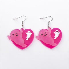 Pink & Silver-Plated Ghost Heart Drop Earrings