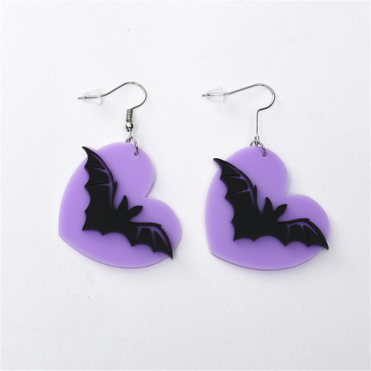 Purple & Silver-Plated Bat Drop Earrings