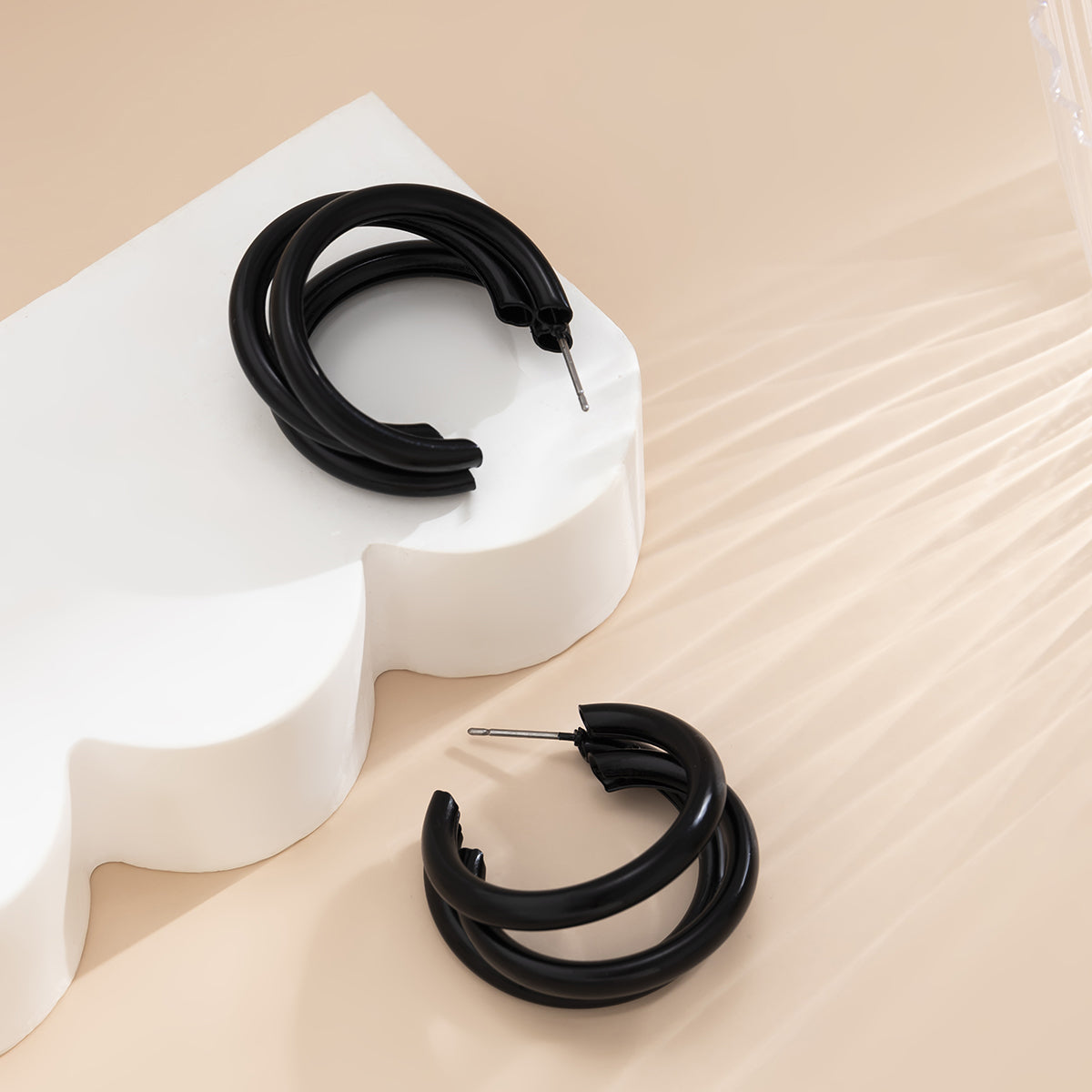 Black Enamel & Silver-Plated Stacked Tube Hoop Earrings