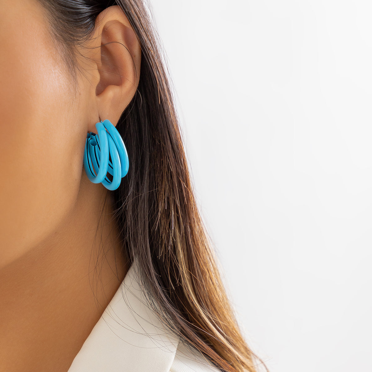 Blue Enamel & Silver-Plated Stacked Tubes Huggie Earrings