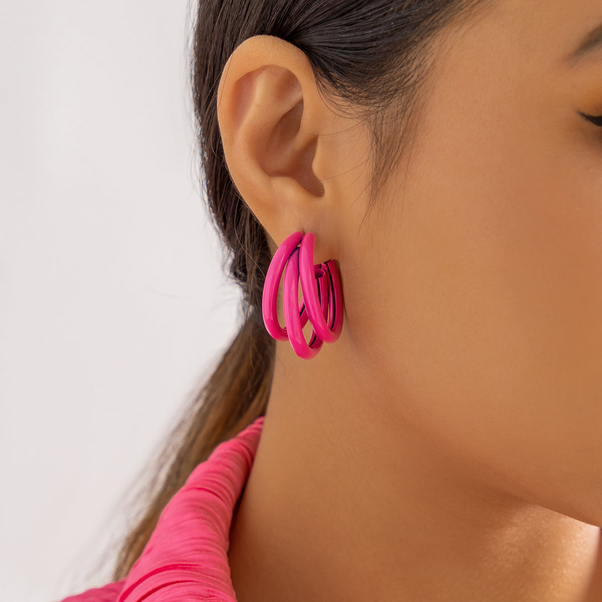 Rose Enamel & Silver-Plated Stacked Tube Hoop Earrings