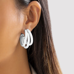 White Enamel & Silver-Plated Stacked Tubes Huggie Earrings