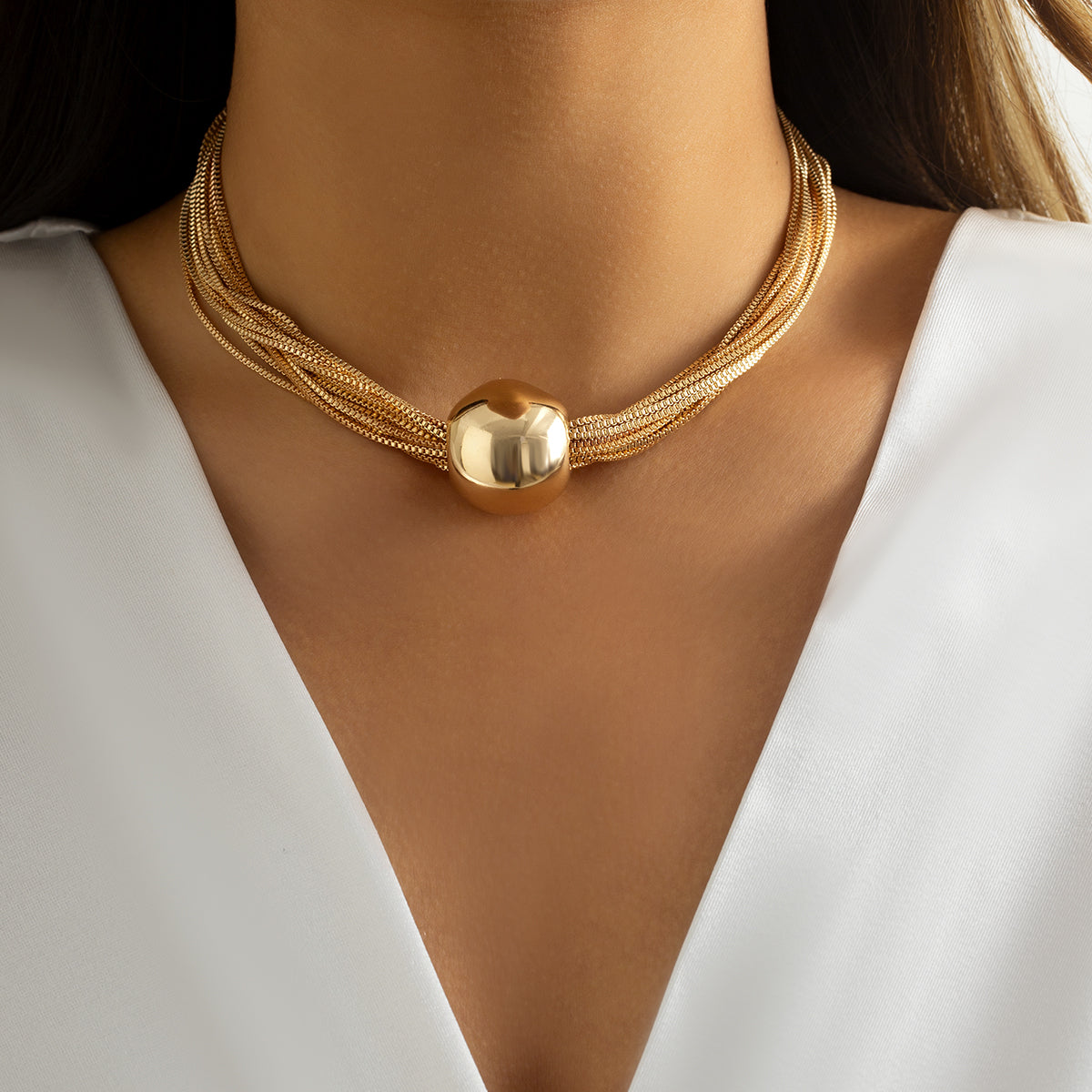 18K Gold-Plated Ball Mutli-Chain Collar Necklace Necklace