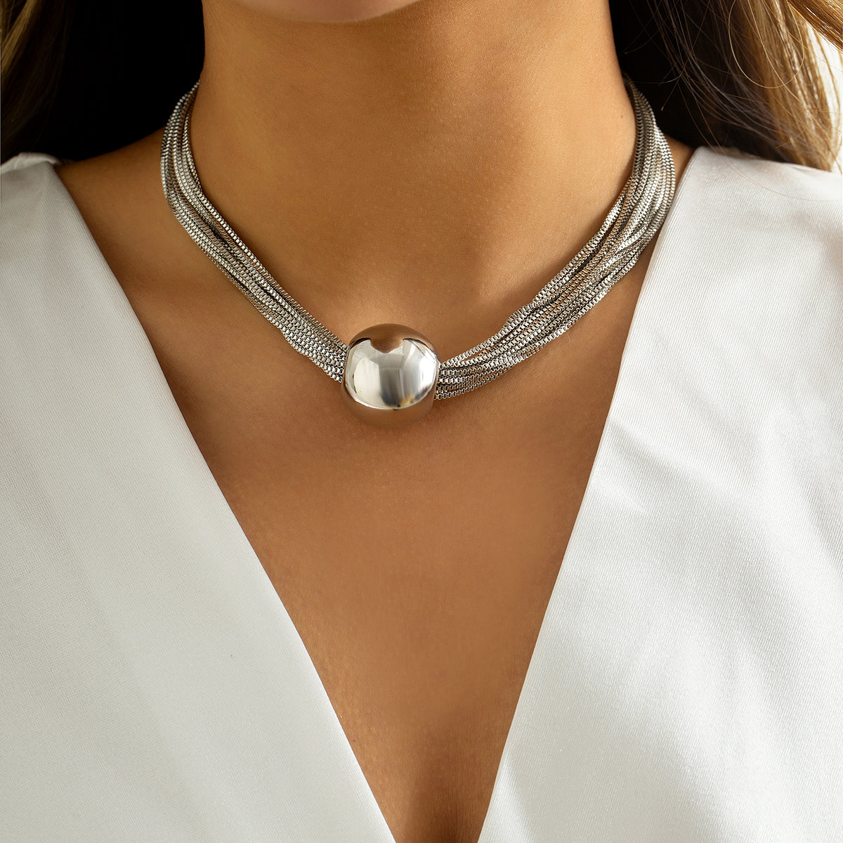 Silver-Plated Multi-Chain Ball Pendant Statement Necklace