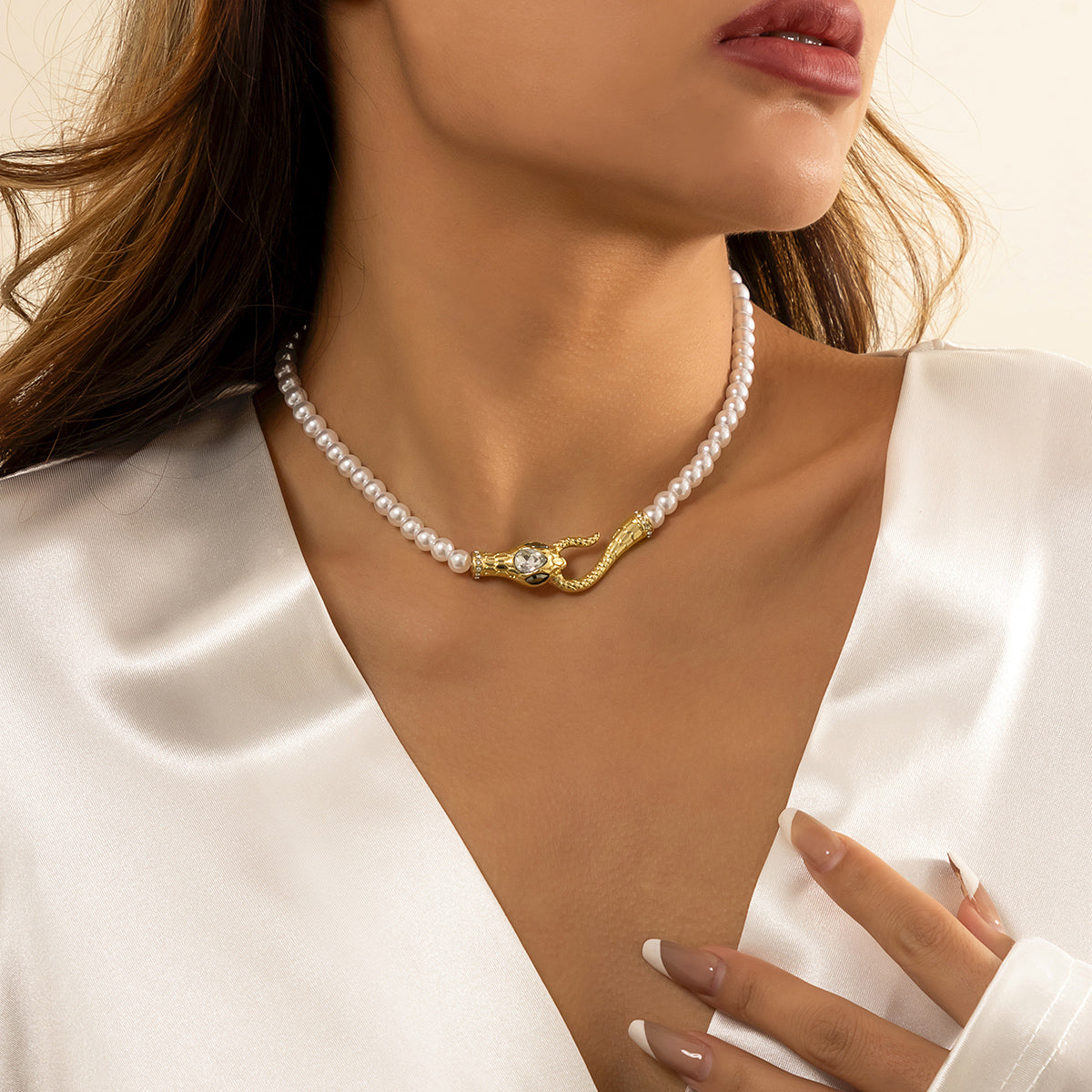 Crystal & Pearl 18K Gold-Plated Snake Necklace