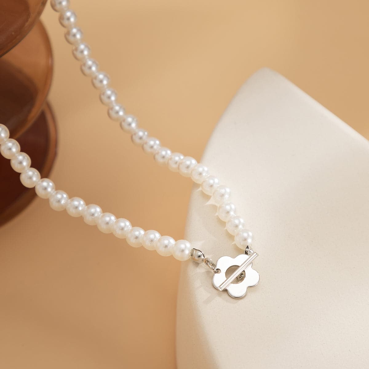 Pearl & Silver-Plated Flower Toggle Necklace