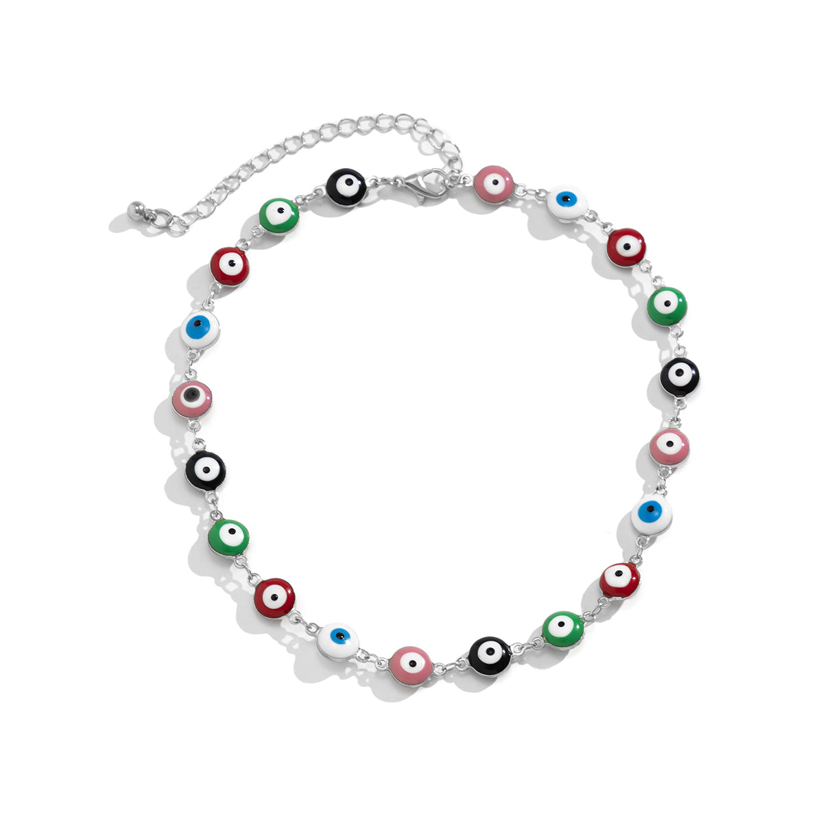 Green Multicolor Enamel & Silver-Plated Eye Chain Necklace