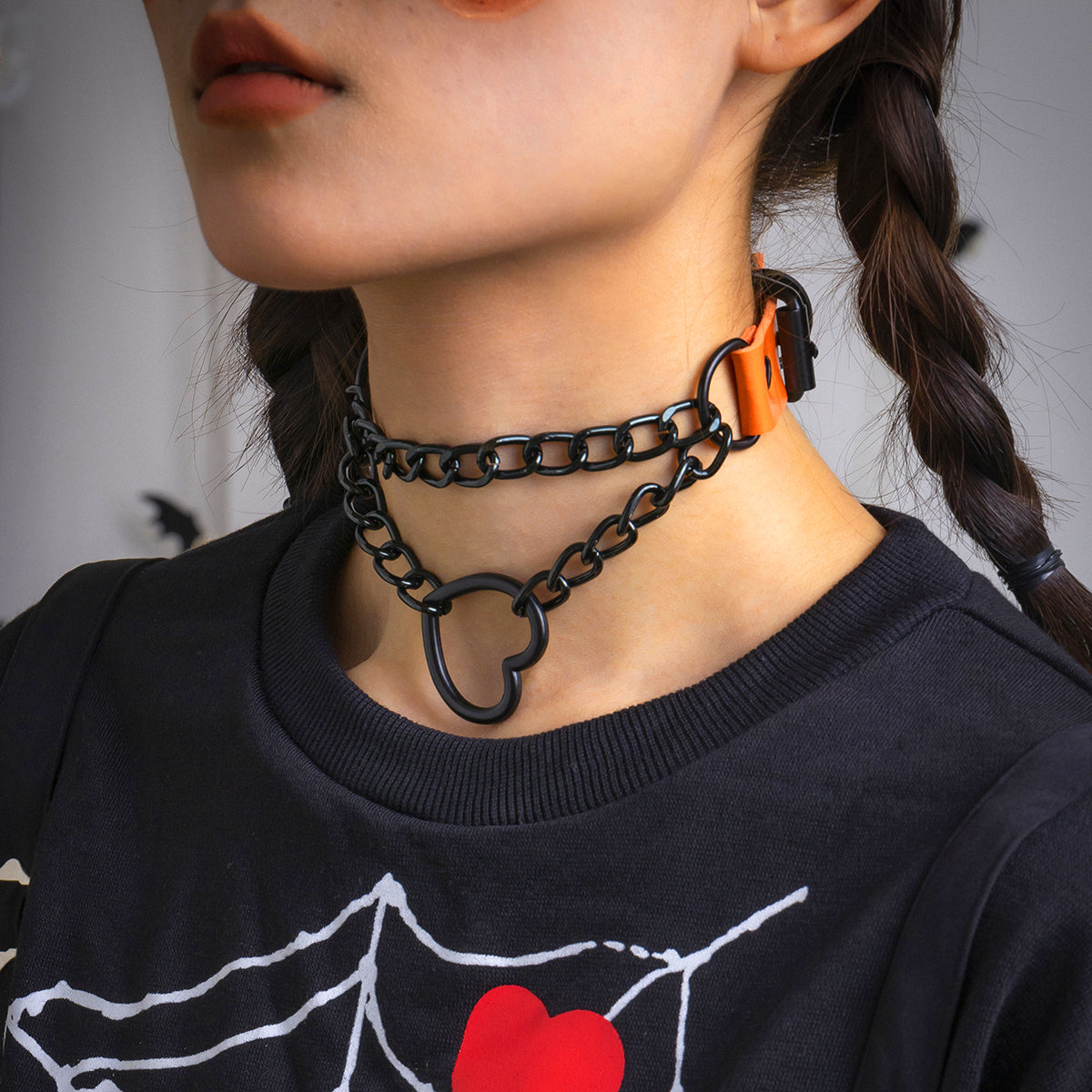 Orange & Black Plated Heart Layered Choker Necklace