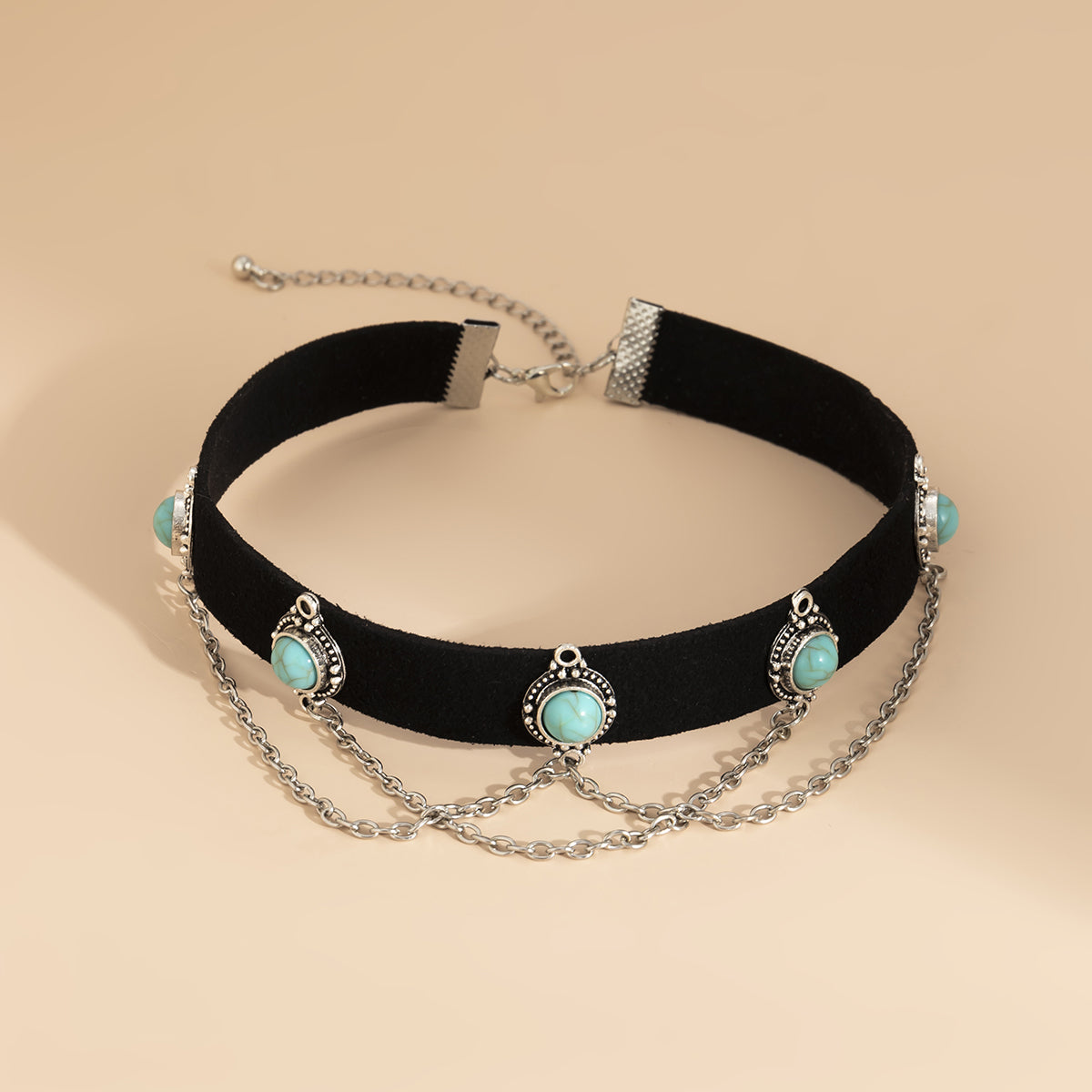 Turquoise & Silver-Plated Layered Choker Necklace