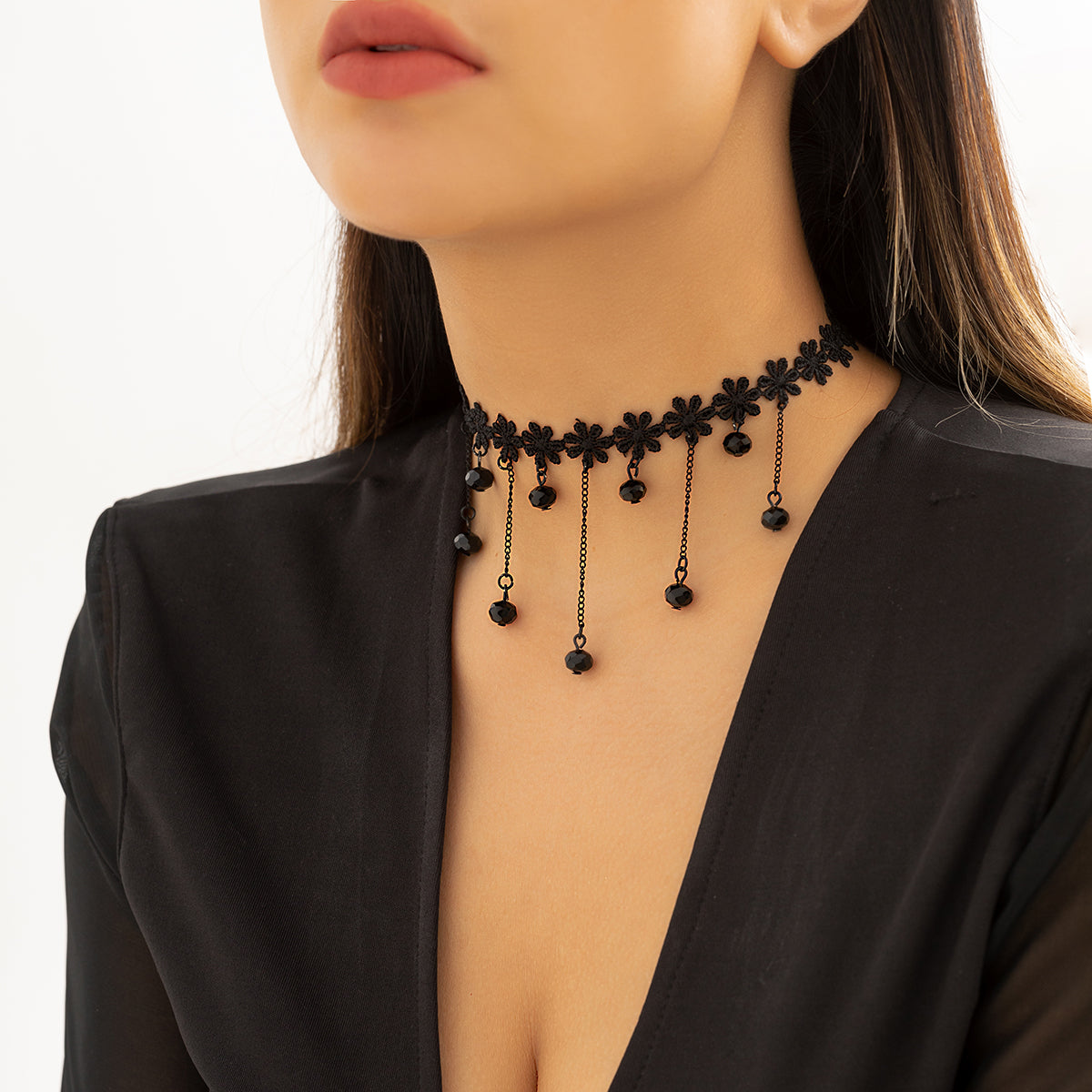 Black Flower Chain-Drop Choker