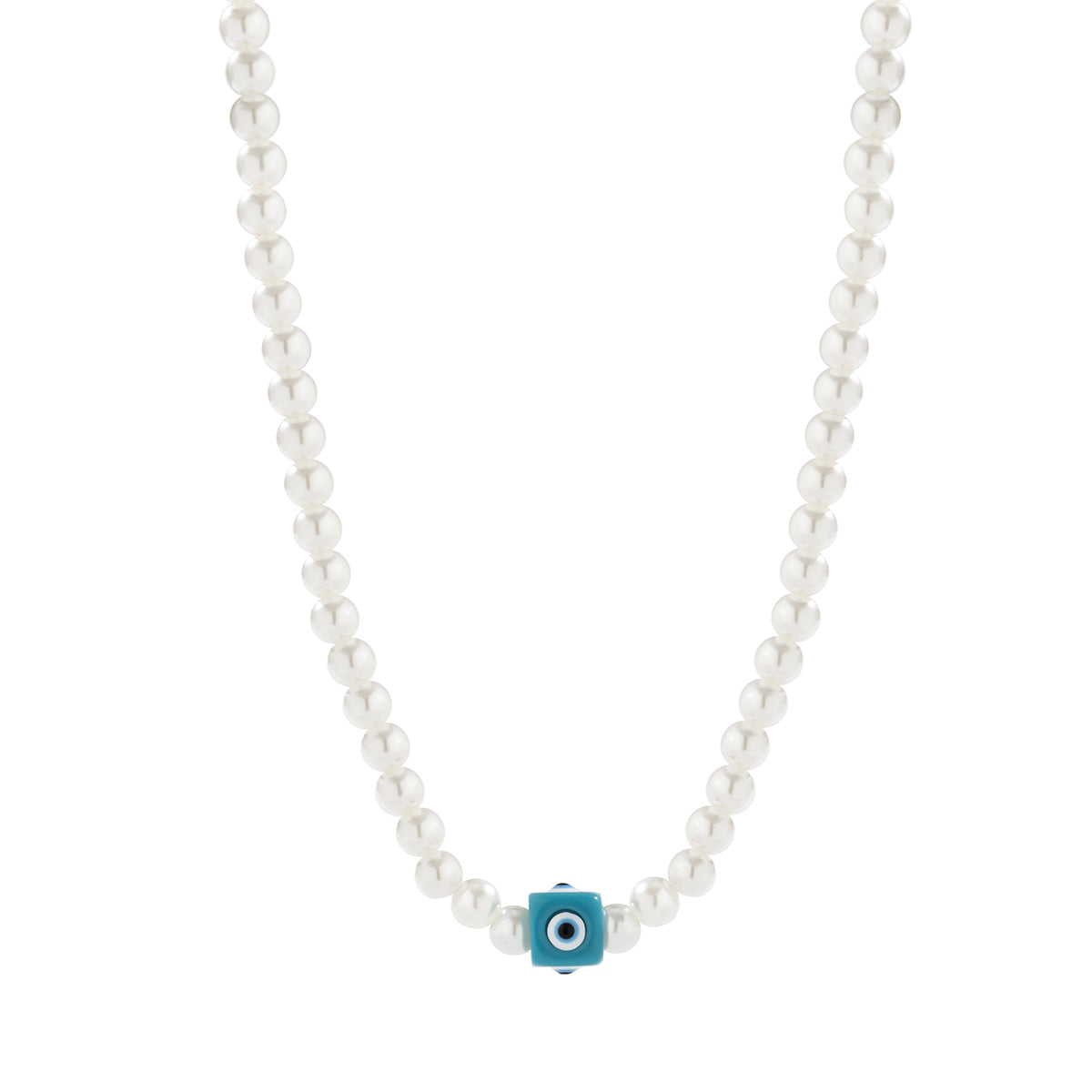 Blue Acrylic & Pearl Evil Eye Cube Pendant Necklace