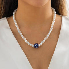 Navy Acrylic & Pearl Evil Eye Cube Pendant Necklace