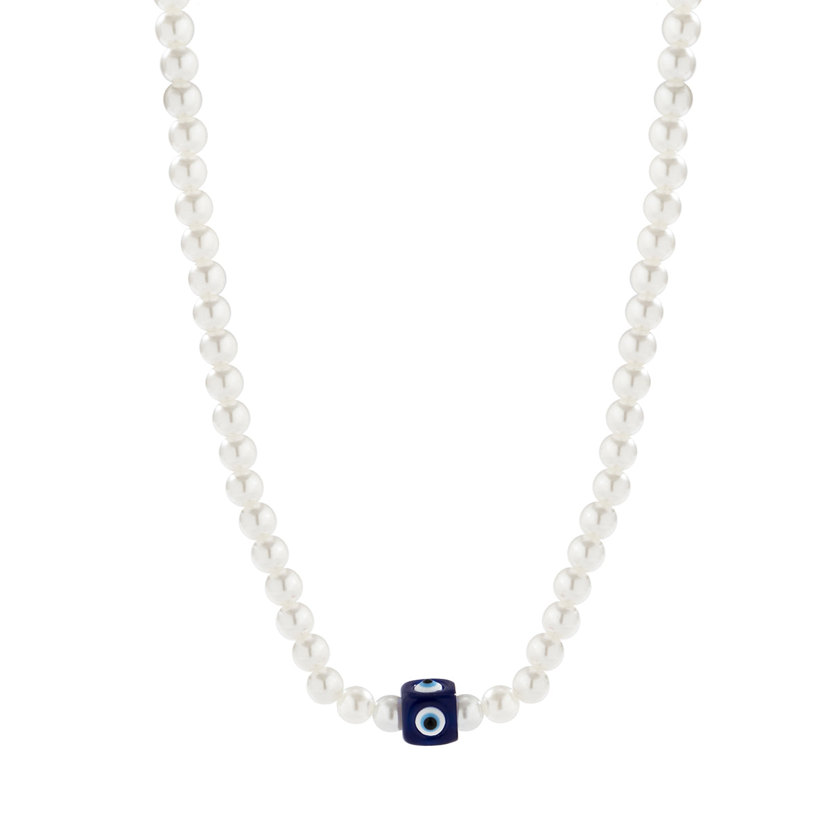 Navy Acrylic & Pearl Evil Eye Cube Pendant Necklace