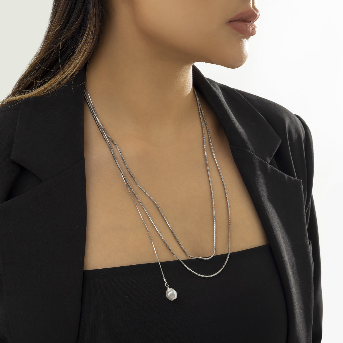 Pearl & Silver-Plated Drop Layered Necklace