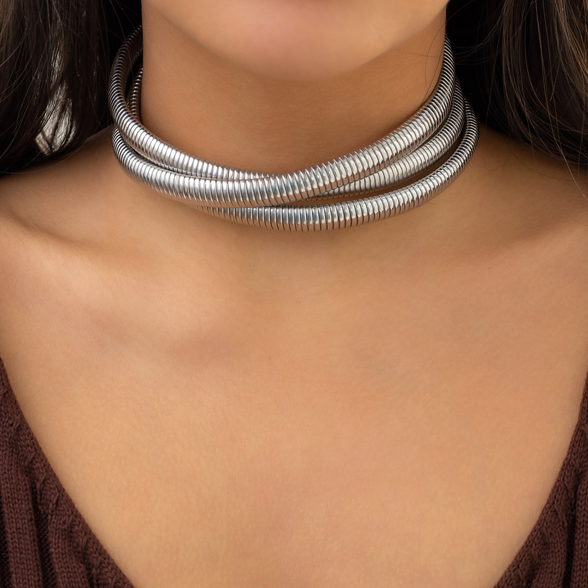 Silver-Plated Herringbone Layered Choker Necklace