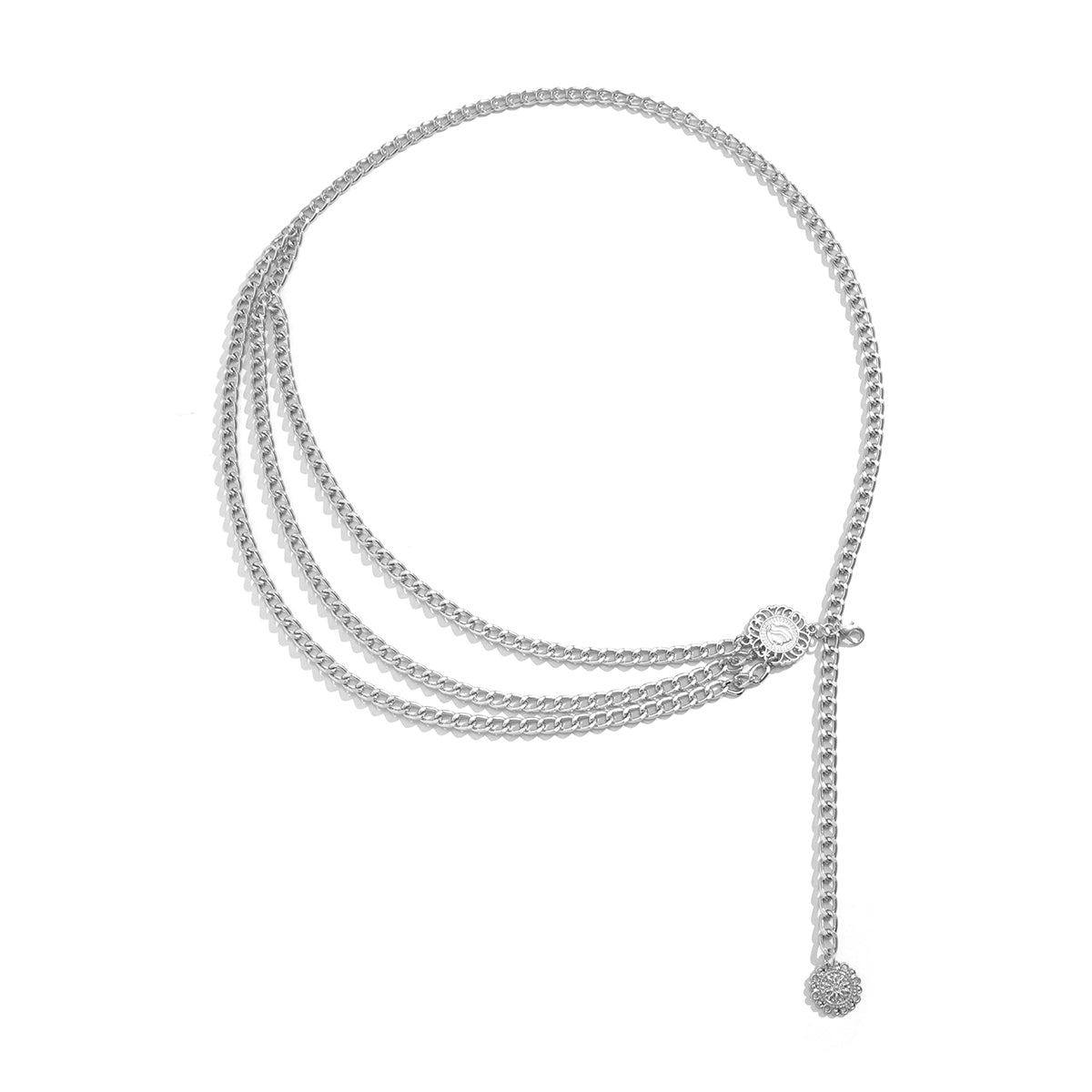 Silver-Plated Tassel-Accent Layered Curb Chain Waist Belt