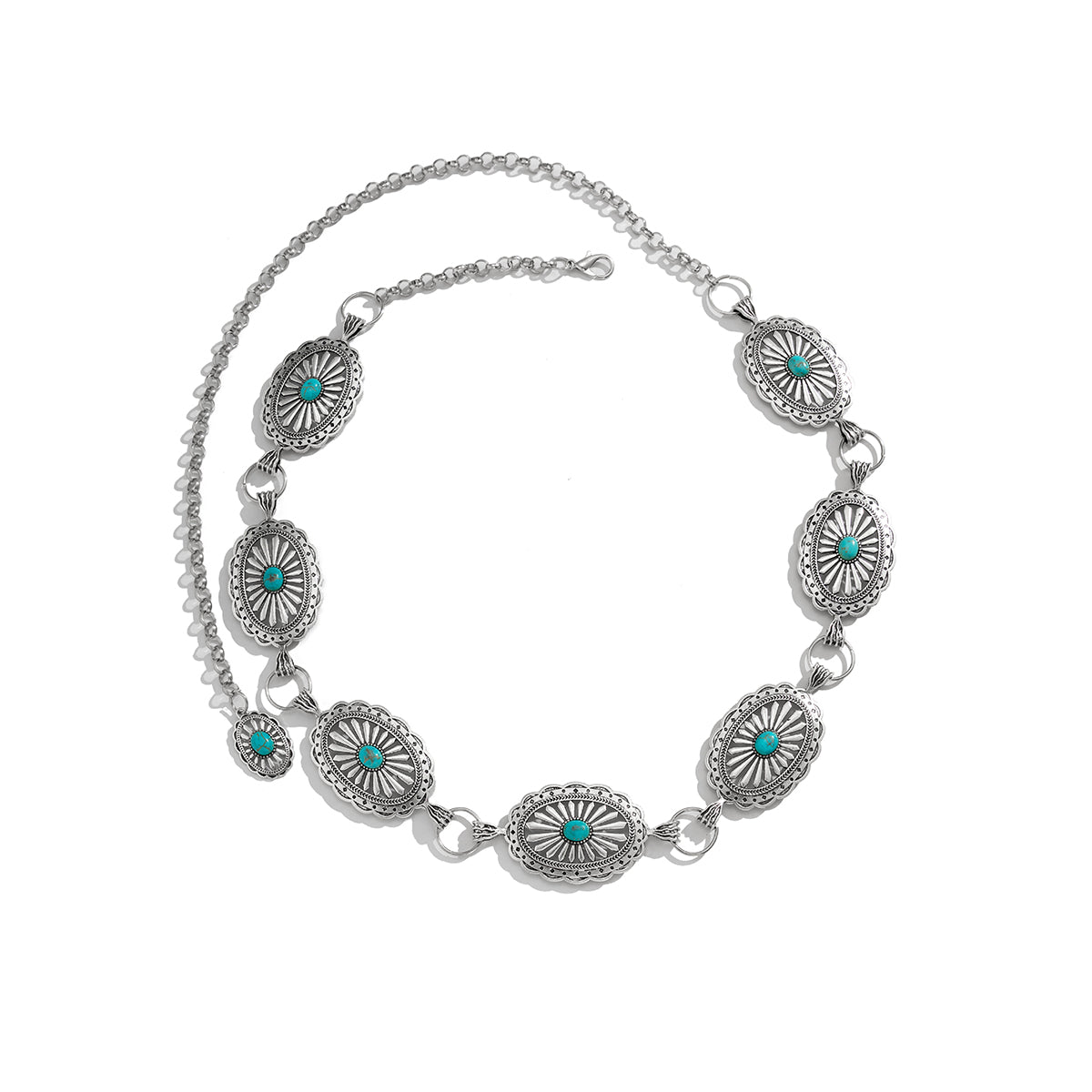 Turquoise & Silver-Plated Oval Chain Station Waist Belt