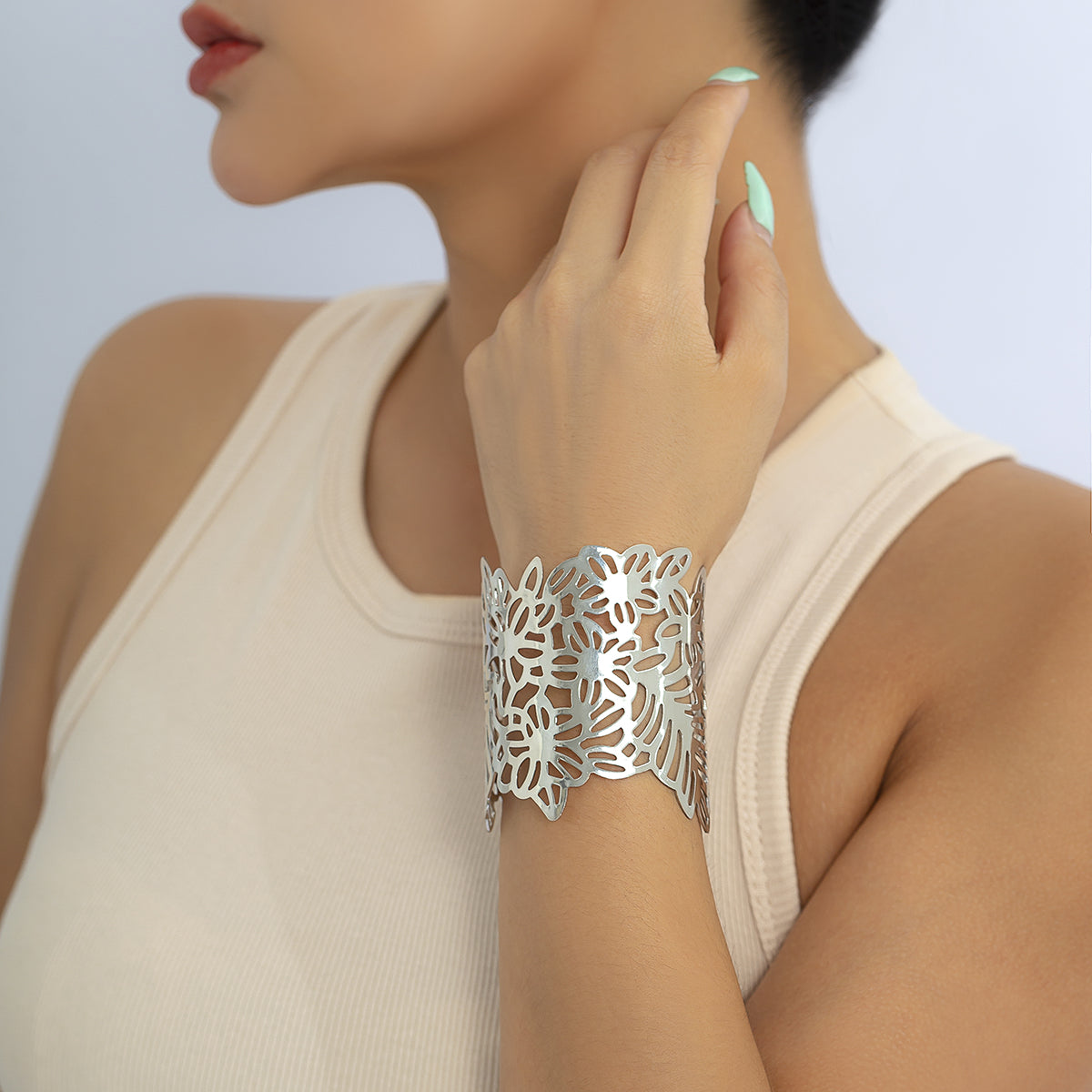 Silver-Plated Openwork Floral Cuff Bracelet