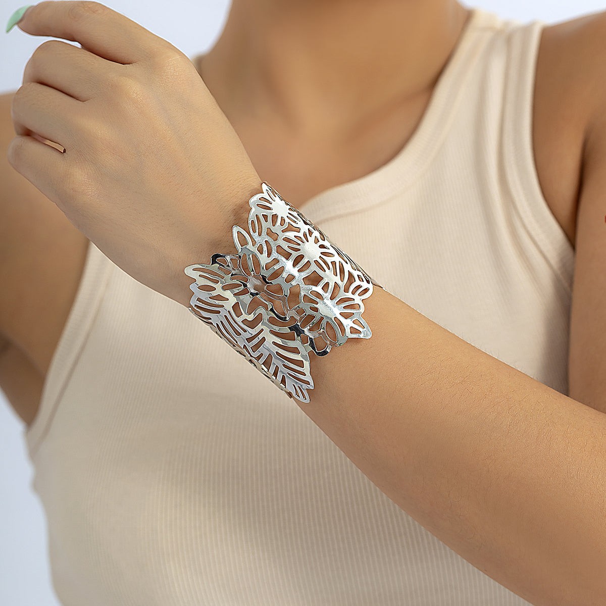 Silver-Plated Openwork Floral Cuff Bracelet