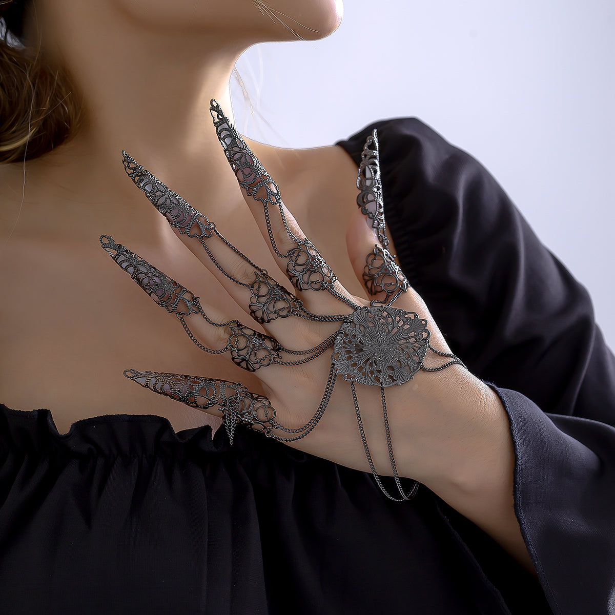 Black Filigree Full Hand Wrist-To-Ring Bracelet