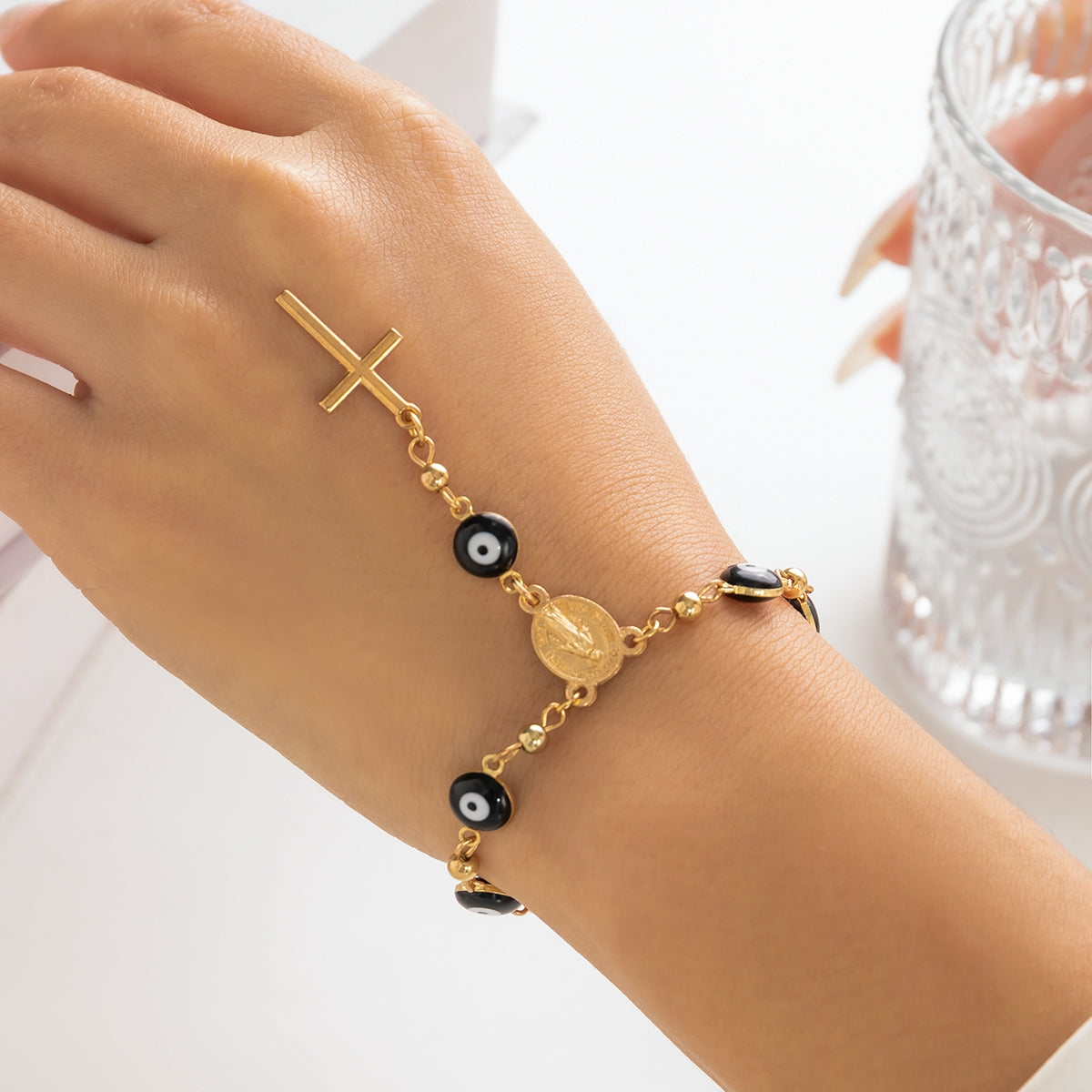 Black Acrylic & 18K Gold-Plated Evil Eye & Cross Charm Bracelet