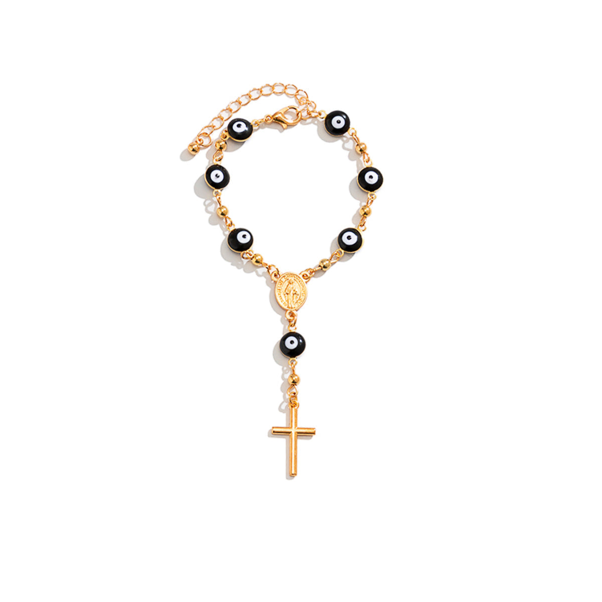 Black Acrylic & 18K Gold-Plated Evil Eye & Cross Charm Bracelet