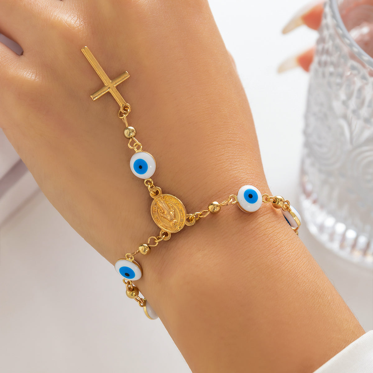 Blue Acrylic & 18K Gold-Plated Evil Eye & Cross Charm Bracelet