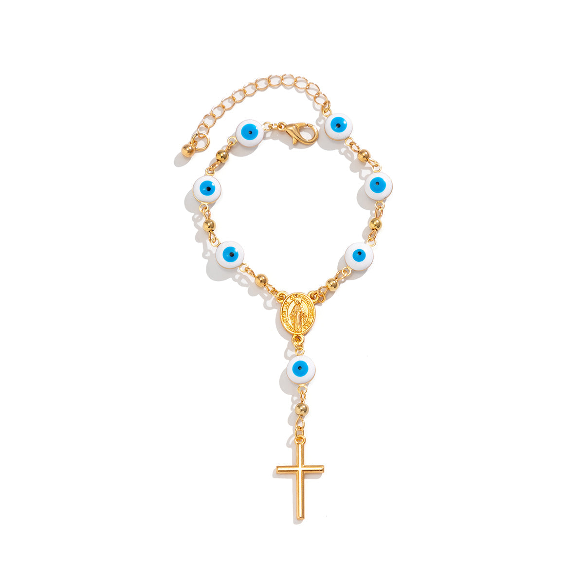 Blue Acrylic & 18K Gold-Plated Evil Eye & Cross Charm Bracelet