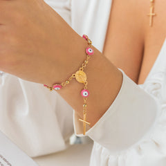 Pink Acrylic & 18K Gold-Plated Evil Eye & Cross Charm Bracelet