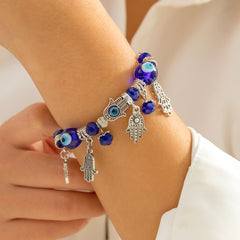 Blue Acrylic & Silver-Plated Hamsa Stretch Bracelet