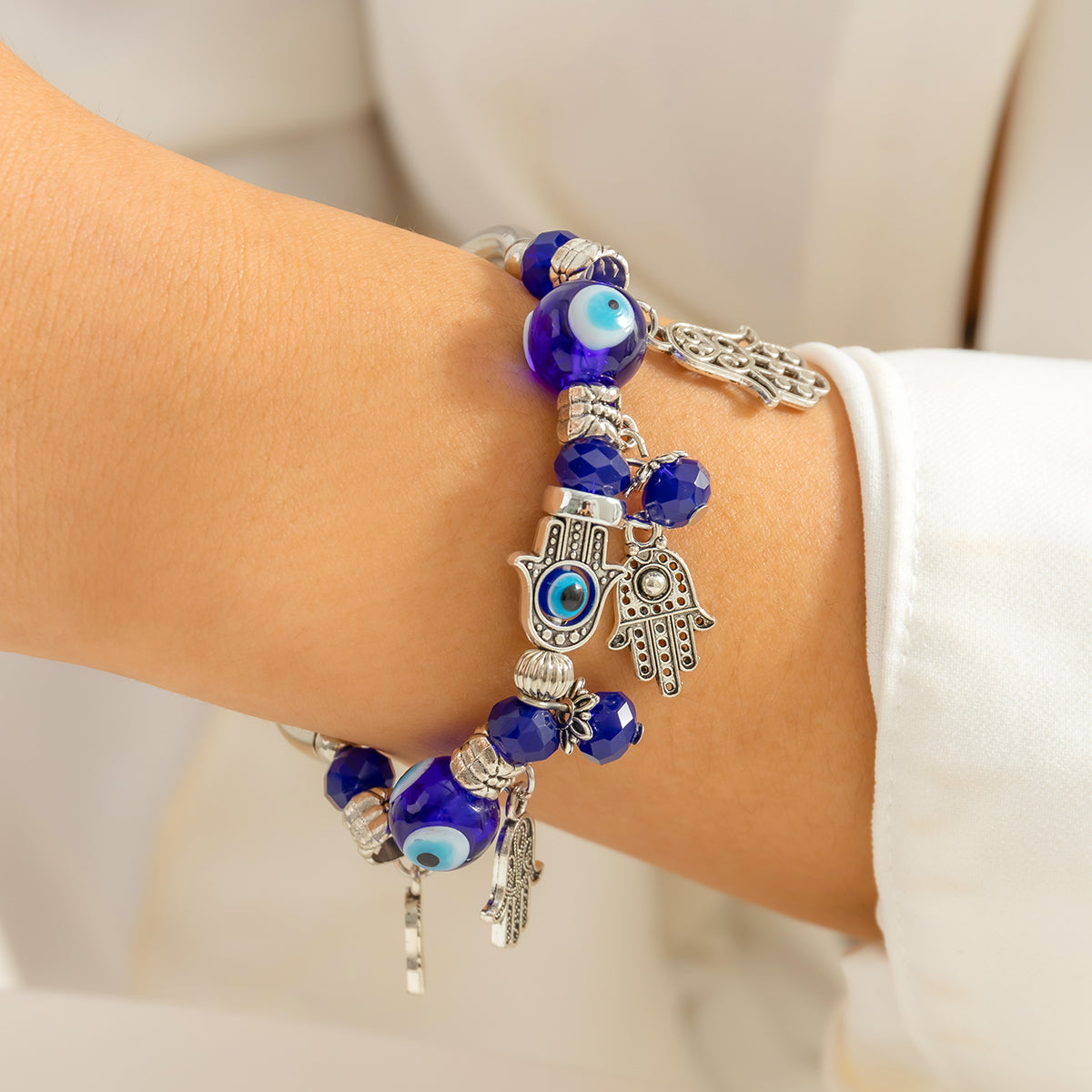 Blue Acrylic & Silver-Plated Hamsa Stretch Bracelet