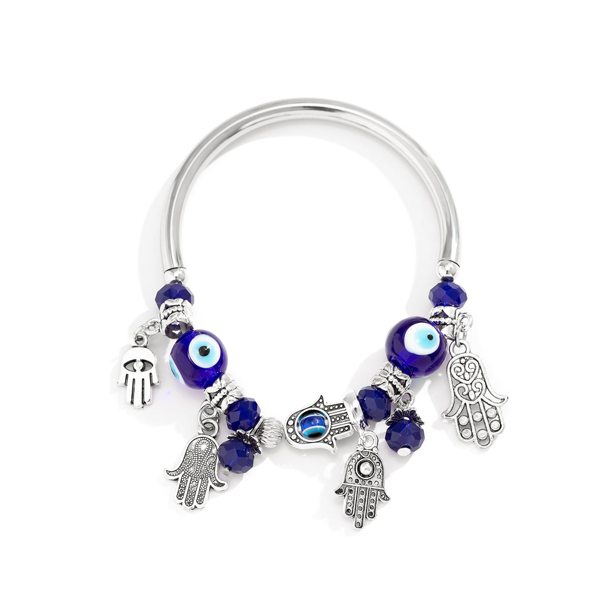 Blue Acrylic & Silver-Plated Hamsa Stretch Bracelet