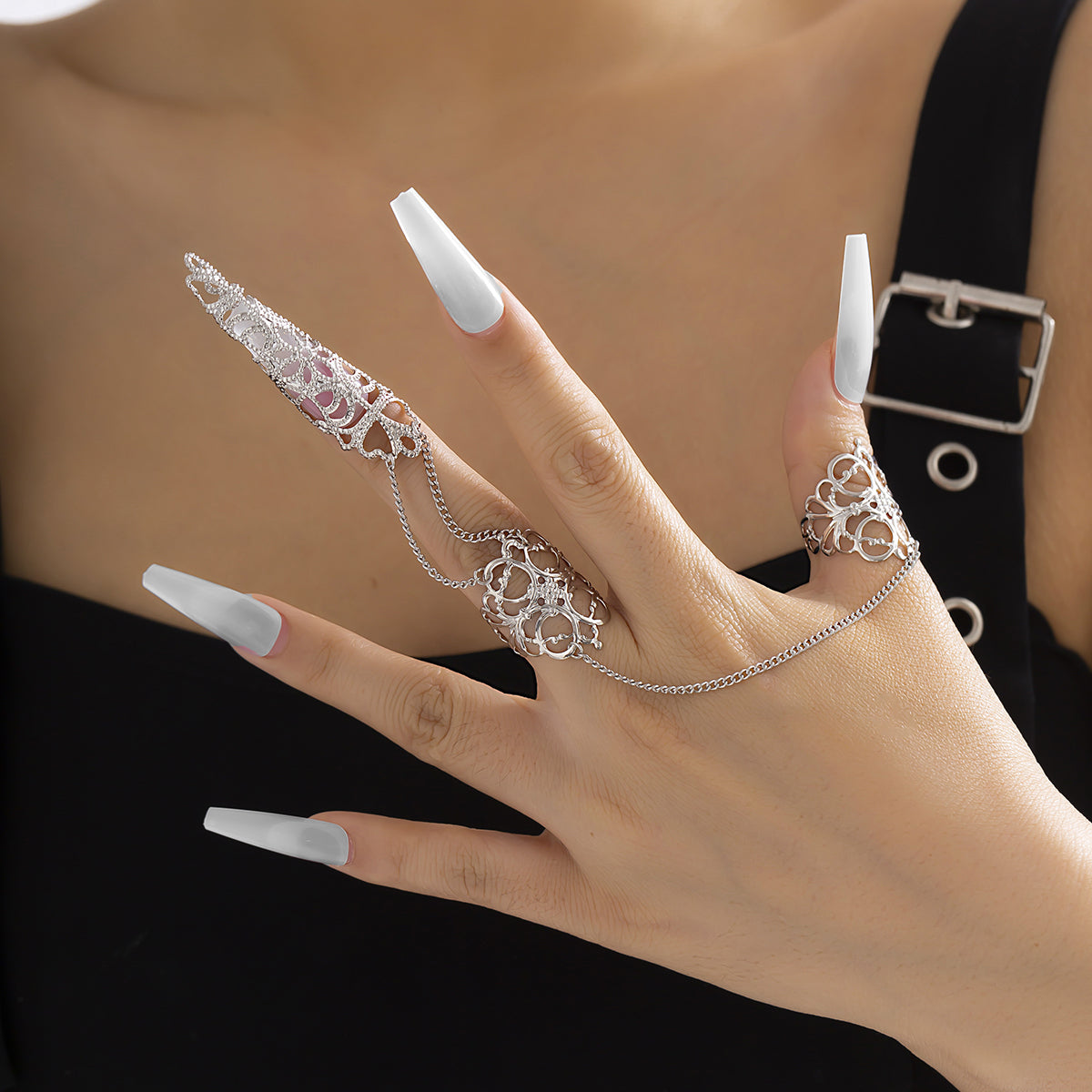 Silver-Plated Filigree Triple-Finger Ring